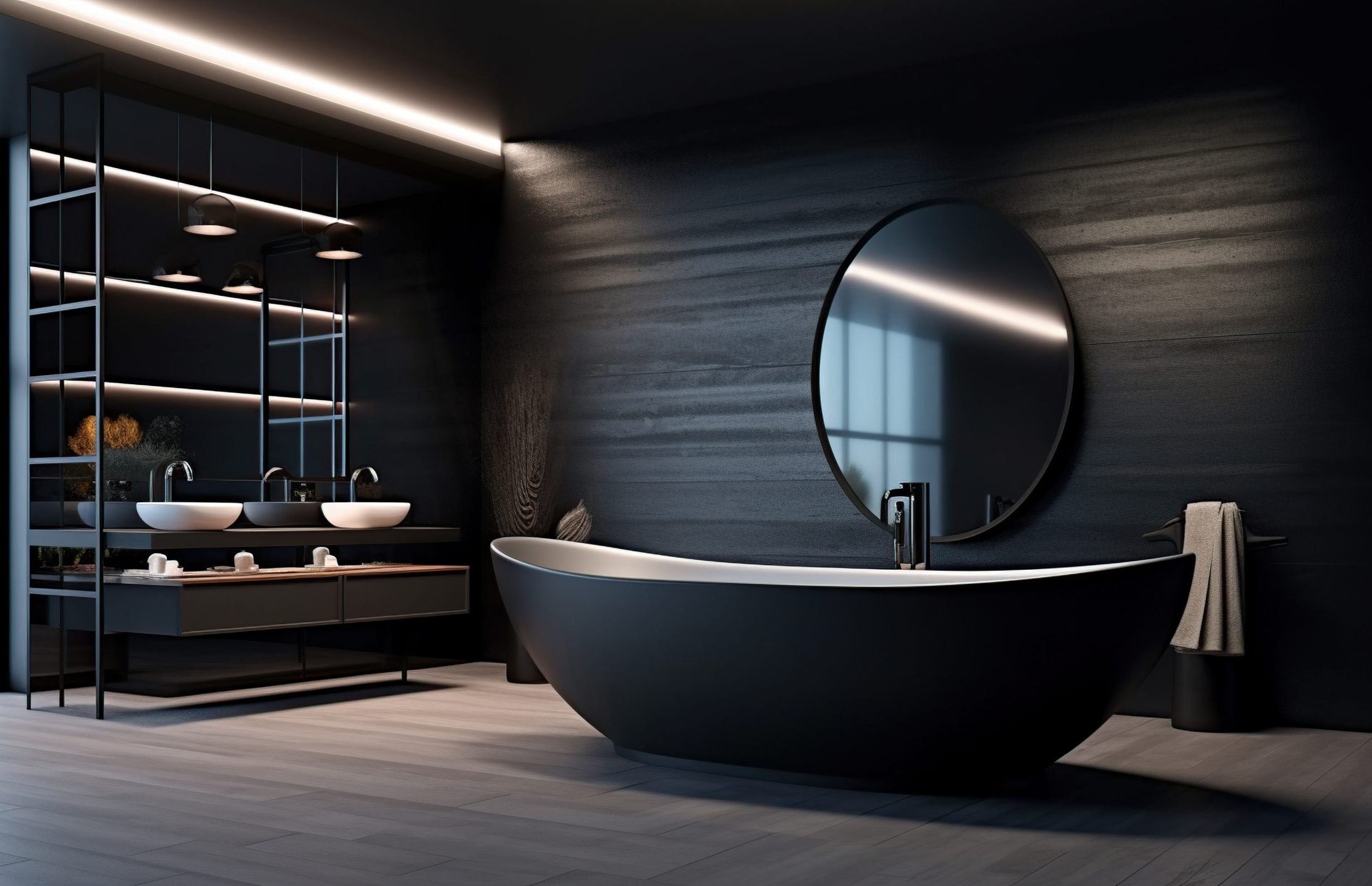 bathroom interior design with matte black bath Generative AI