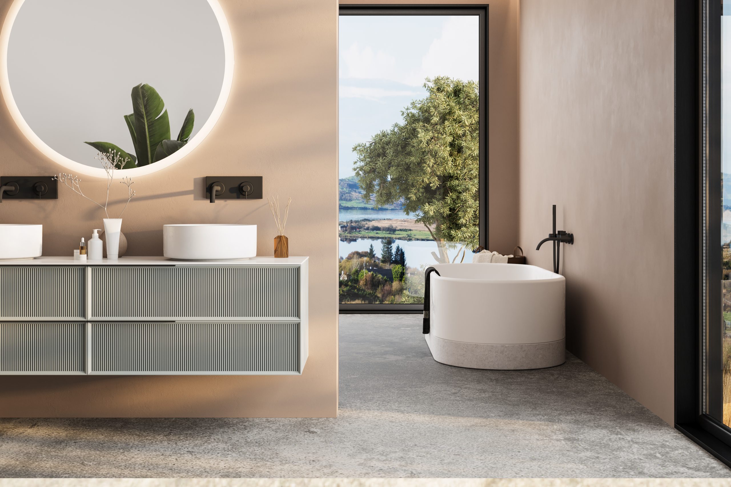 Modern minimalist bathroom interior, modern bathroom cabinet, white sink, wooden vanity, interior plants, bathroom accessories, bathtub and shower, white and beige walls, concrete floor.